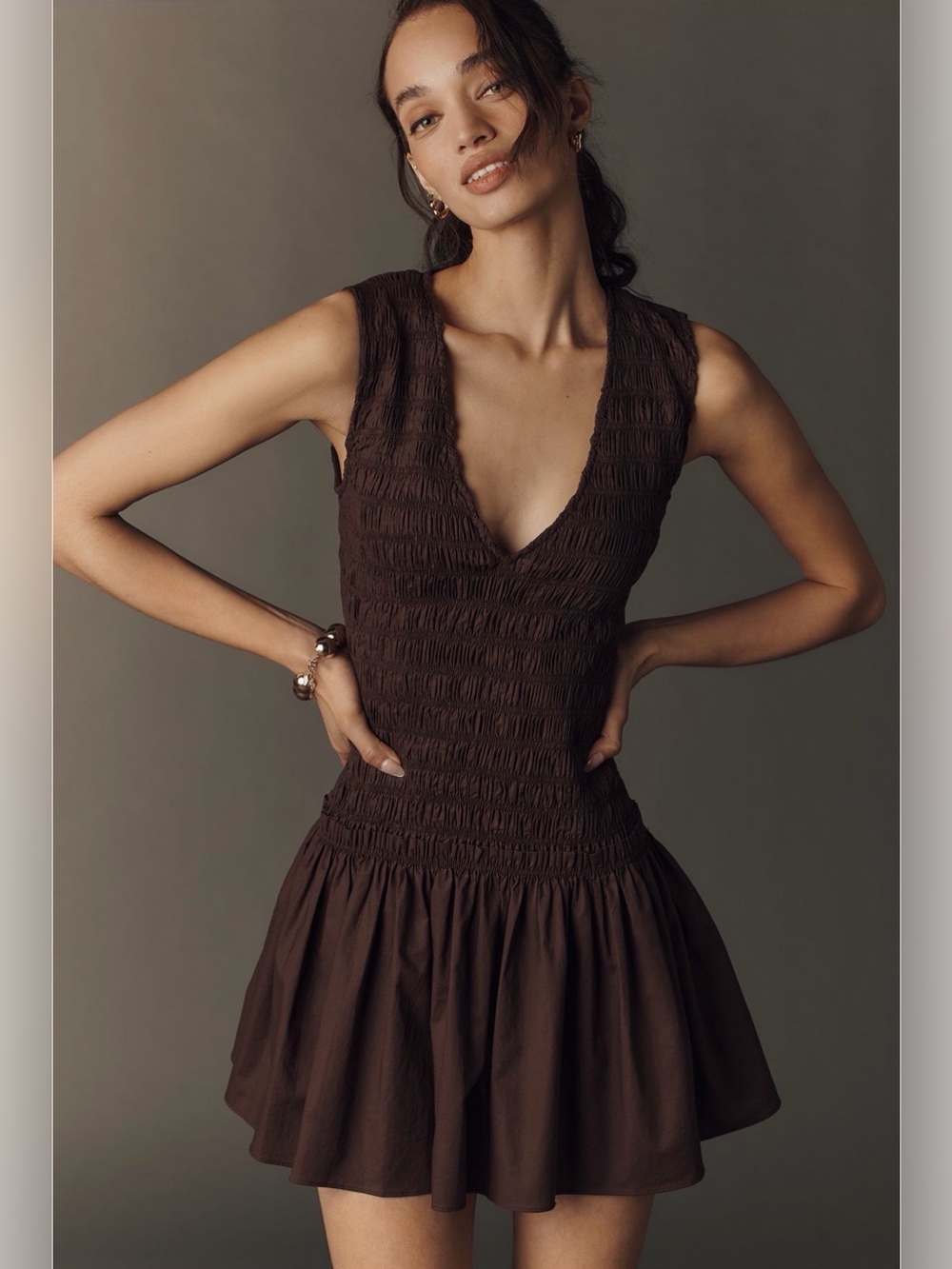 Faihful Women's Smocked V-Neck Brown Mini Dress